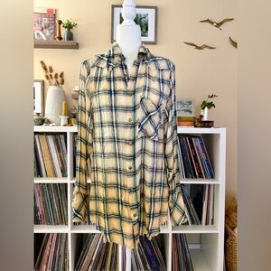 Free People One Size XS Oversized Rayon Button Down Tunic Grunge Plaid Shirt